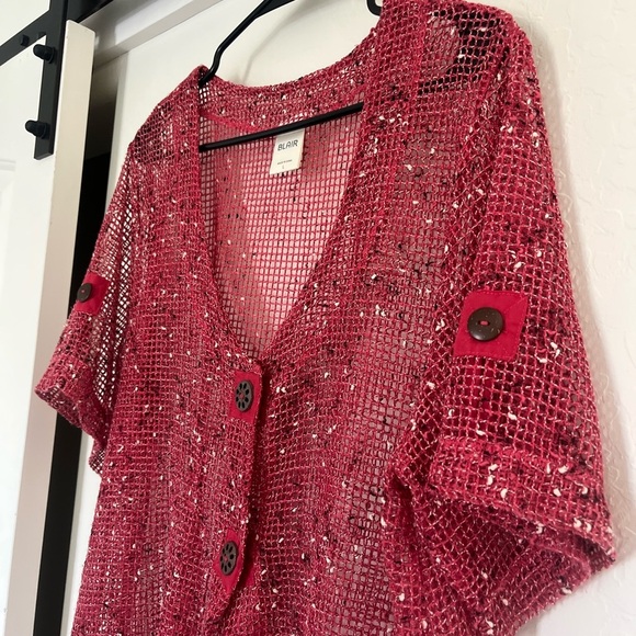 Blair Women’s Open Knit Mesh Red Over Shirt Top Boho Arsty Button Large Coverup - Picture 4 of 5